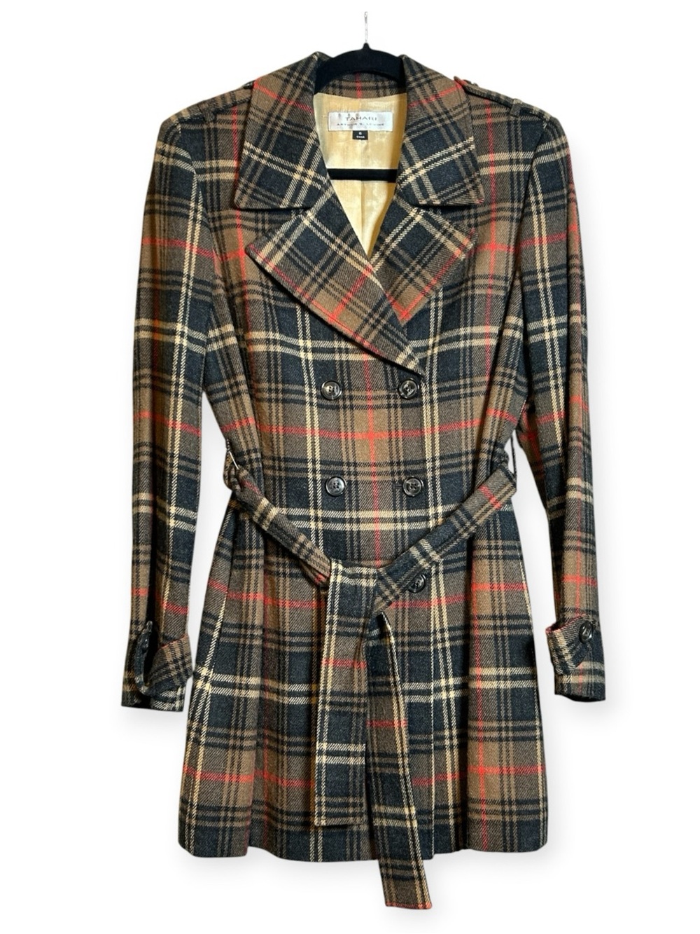 Tahari Plaid Double-Breasted Belted Trench Cool Weather Jacket - Size 6